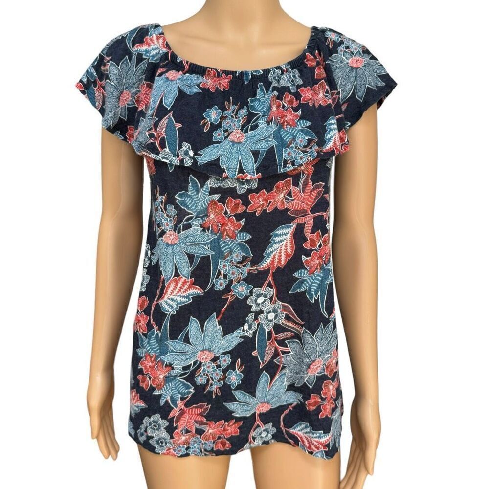J. Jill Love Linen Sarasa 100% linen Ruffled Tropical Print Top Navy Blue Sz XS